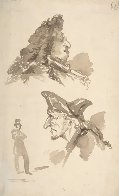 Two Male Heads In Profile And Standing Man