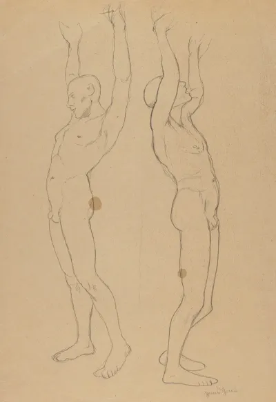 Two Male Nudes With Raised Hands