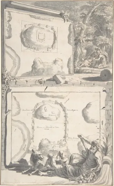 Two Maps Of Ancient Rome With A River God And Romulus And Remus