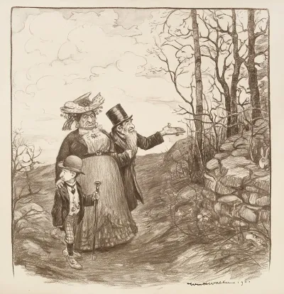 Two Men And A Woman Walk Down A Road Between Rock Walls And Bare Trees