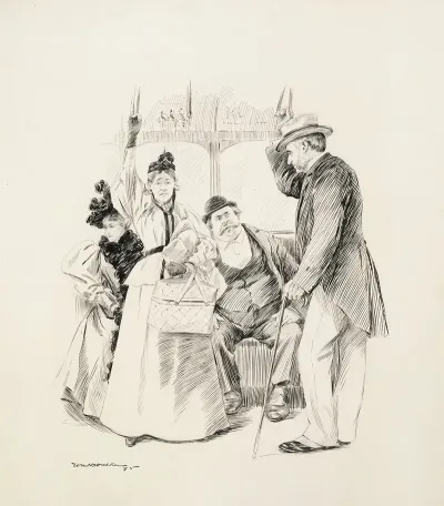 Two Men And Two Women Riding A Street Car A Fat Man Sits Forcing An Older Woman With A Package To Stand
