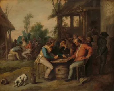 Two Men Arguing Over Cards Outside A Country Inn