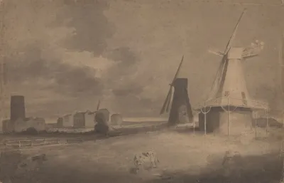 Two Men Conversing In A Field Windmills Buildings And A Body Of Water Beyond