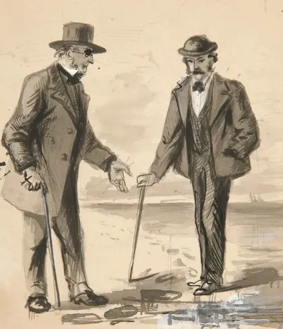 Two Men Conversing On Seashore
