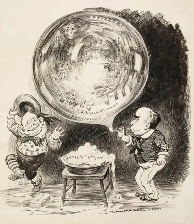 Two Men Depicted As Boys Use Soap Representing Politics And The Administration To Blow A Giant Bubble Representing The Philippines War