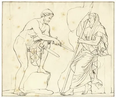 Two Men Facing Each Other Possibly Polygnotus And Nicias