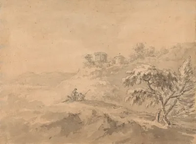 Two Men In A Landscape And A Castle On A Hill