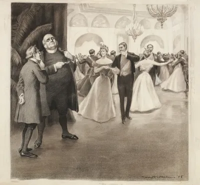 Two Men In Clerical Collars Talk At The Edge Of A Ballroom Full Of Dancing Couples