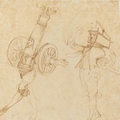 Two Men In Masquerade Costumes A Cannon Firing And A Cat Inside A Mousetrap