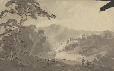 Two Men Looking Into Landscape With Castle River And Mountain Scene