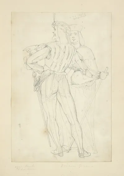 Two Men One In Back View Wearing Tights Doublet Sword A Hat With Plume And Holding A Staff
