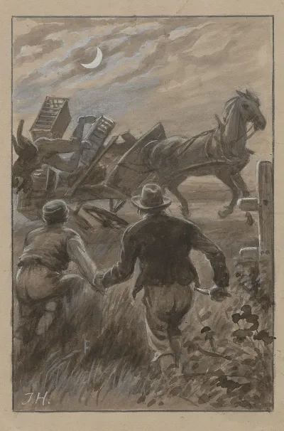 Two Men Rush Toward A Horse Drawn Carriage That Is About To Overturn