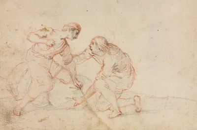 Two Men Tying A Bundle Recto