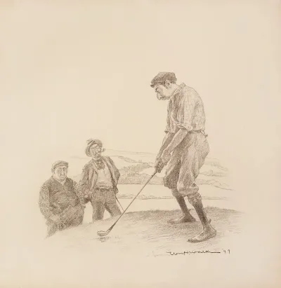 Two Men Watch A Third About To Swing A Golf Club