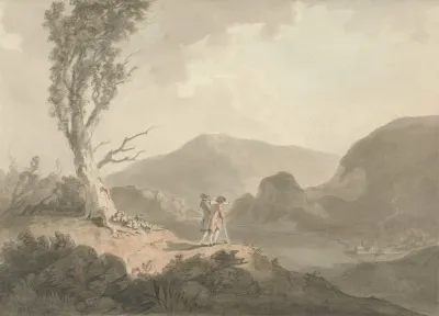 Two Men With Telescope Looking Across A River