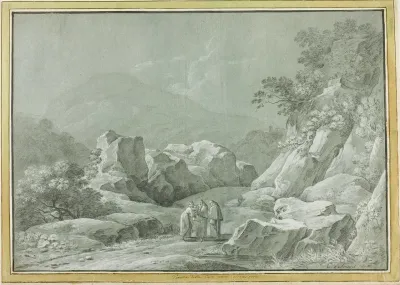 Two Monks Giving Water To A Woman And Child In The Wilderness