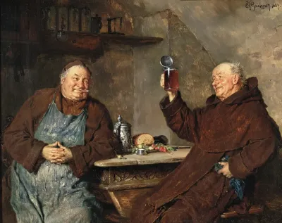 Two Monks Having A Meal In The Monastery Cellar