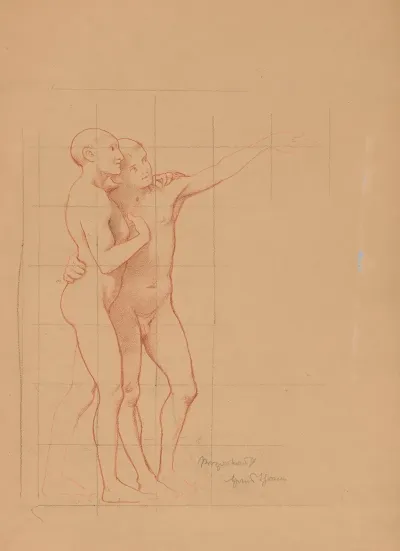 Two Nude Young Men Embracing Each Other
