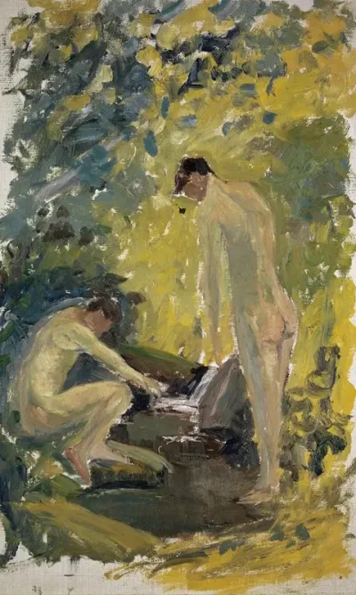 Two Nude Young Men In A River In The Woods