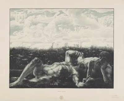 Two Nudes Of Old Men Lying In A Meadow Clouds In The Sky Forming A Line Of Allegorical Figures