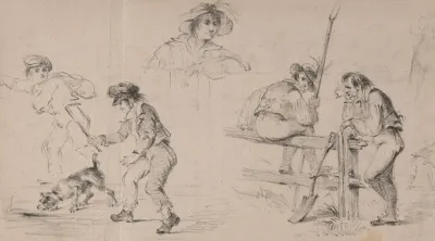 Two Peasants Resting On A Fence A Woman Two Children Playing With A Dog