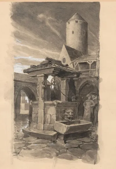 Two People By A Well Decorated With A Lions Head