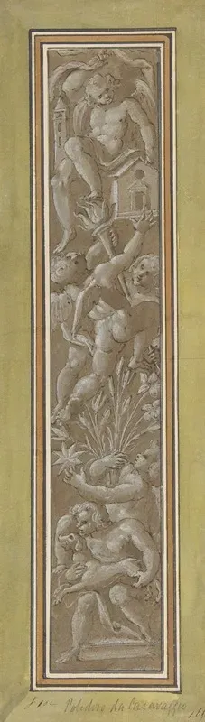 Two Pilaster With White Putti On Tan Ground