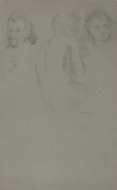 Two Portrait Studies And One Male Nude Seated