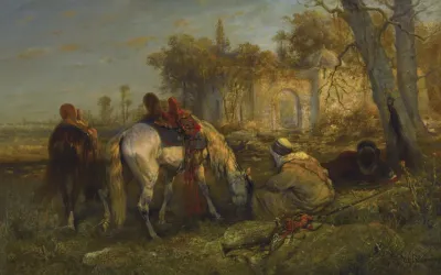 Two Reclining Arabs And Two Tethered Horses