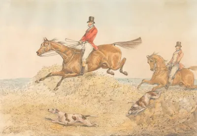 Two Riders And A Couple Of Hounds Clearing A Wall