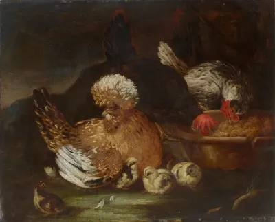 Two Roosters A Hen And Six Chicks At Their Feed Dish In A Landscape