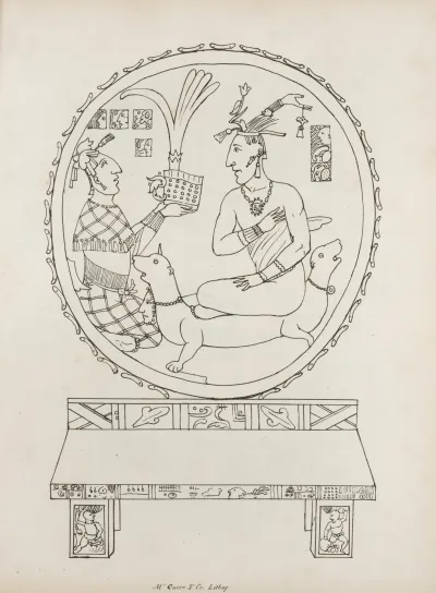 Two Seated Figures And Two Headed Dog Within A Circle