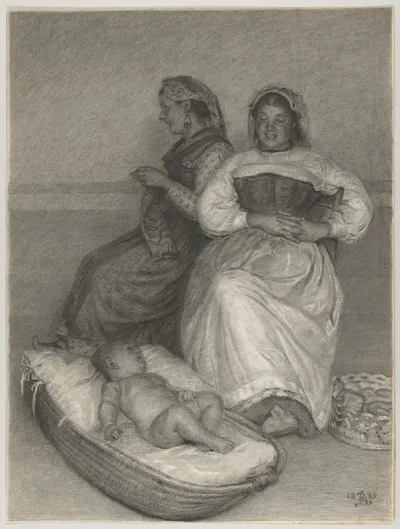 Two Seated Italian Women With A Baby In A Cradle