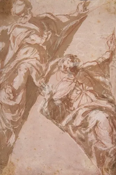 Two Seated Male Figures Within Spandrels