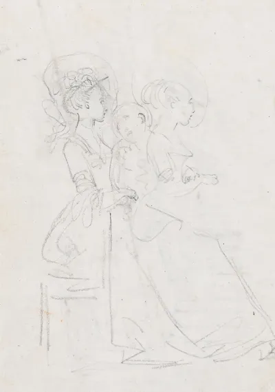 Two Seated Women With Male Figure Between Them Verso