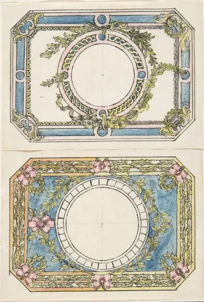 Two Separate Designs For The Top And Bottom Of A Rectangular Gold Enameled Box With Canted Corners