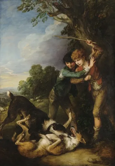 Two Shepherd Boys With Dogs Fighting