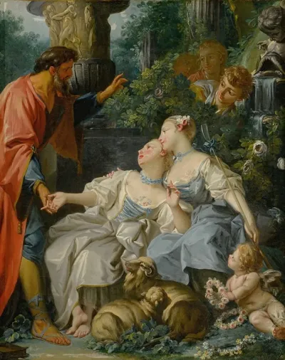 Two Shepherdesses In A Garden Speaking To A Shepherd A Putto Below And Three Young Men Behind Them