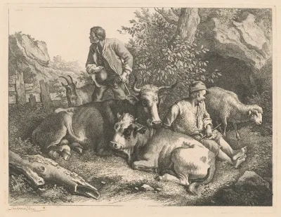 Two Shepherds With A Cow And Calf
