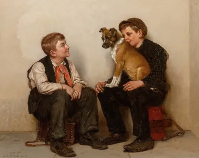 Two Shoeshine Boys With A Dog