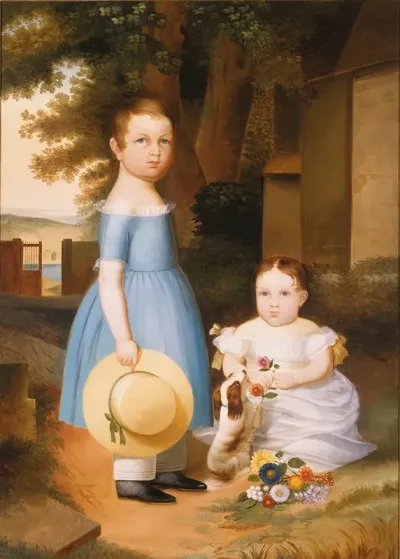 Two Sisters With Puppy And Flowers