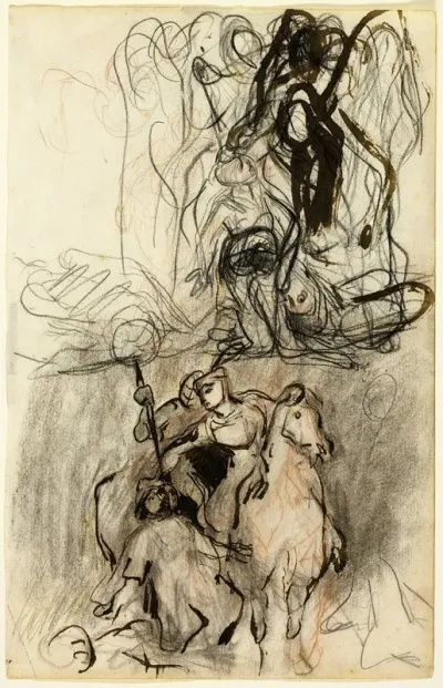 Two Sketches Armed Riders And Figure On The Ground