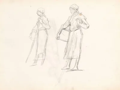 Two Sketches Of A Country Woman With A Pail Sketch For The Painting Going Hunting