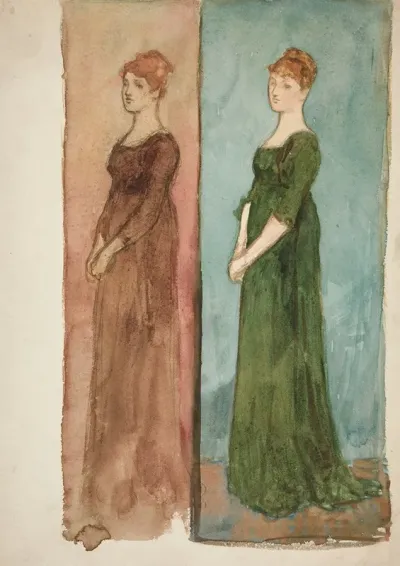 Two Sketches Of A Woman Dressed In Red In Green Costume Studies For A Play