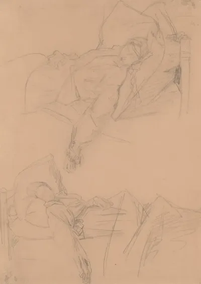 Two Sketches Of Barbara Lying In Bed For The Painting Death Of Barbara Radziwill