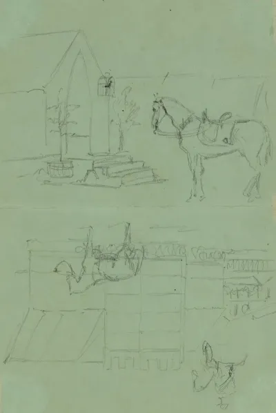 Two Sketches Of Horse Outside Tent