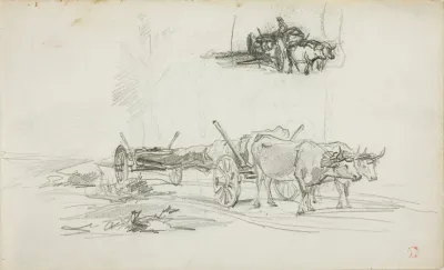 Two Sketches Of Oxen Hauling A Log
