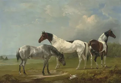 Two Skewbalds A Grey And Spaniel In An Extensive Landscape A Country House Beyond
