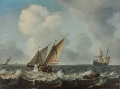 Two Smalschips And A Rowing Boat On Choppy Waters A Man Of War And Another Sailing Vessels Beyond A Town On The Horizon