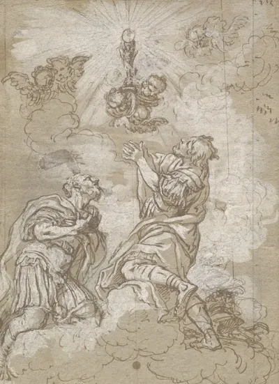Two Soldier Saints Adoring The Host